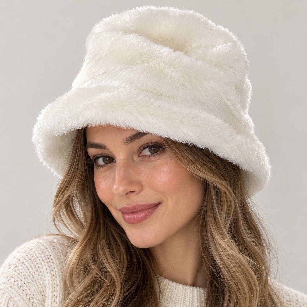 United Colors of Benetton Faux Fur Bucket Hat Women OS/56 White Winter Cozy Glam
